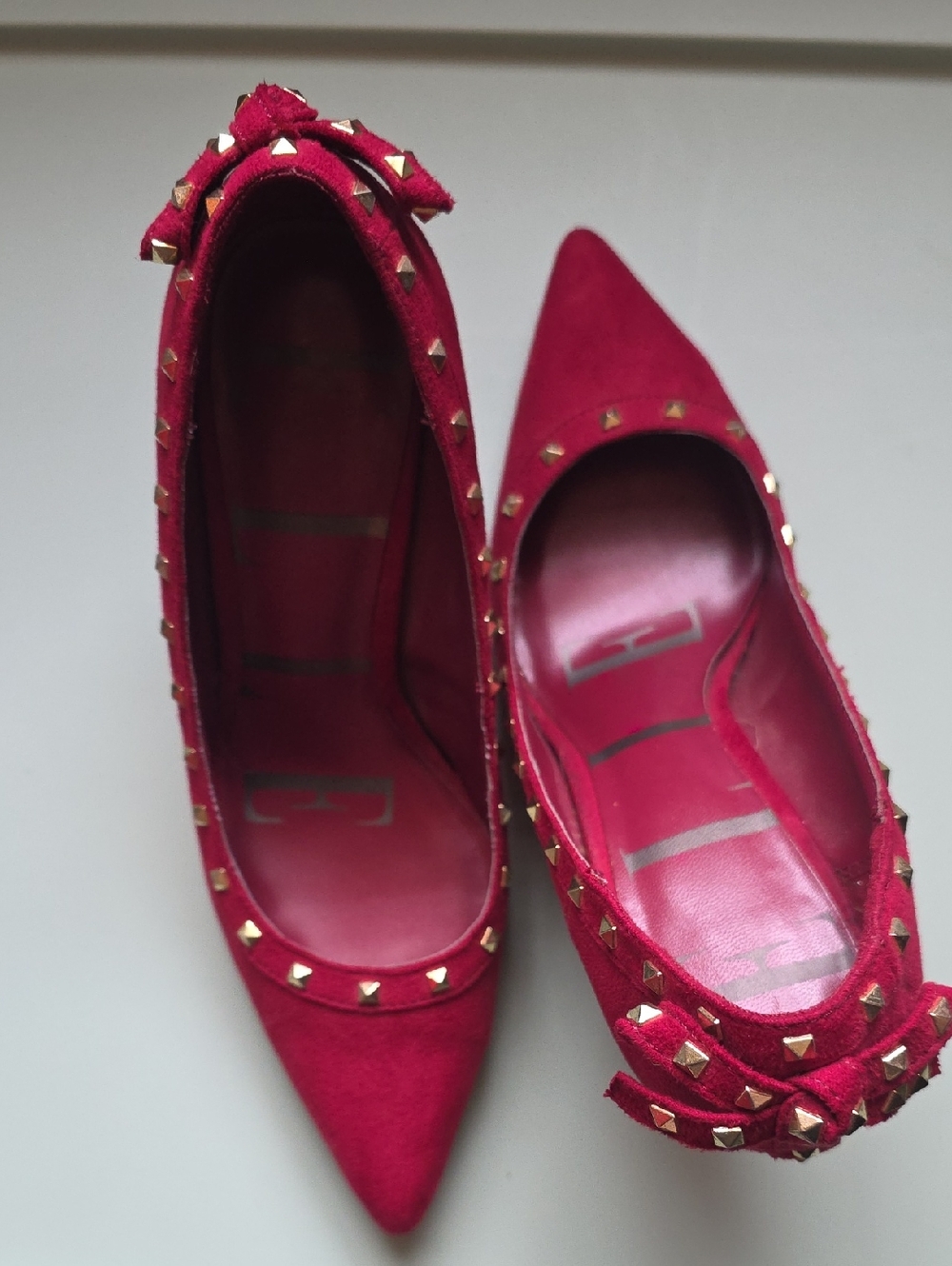 Elle Red Pointed-Toe, Gold Studded Heels